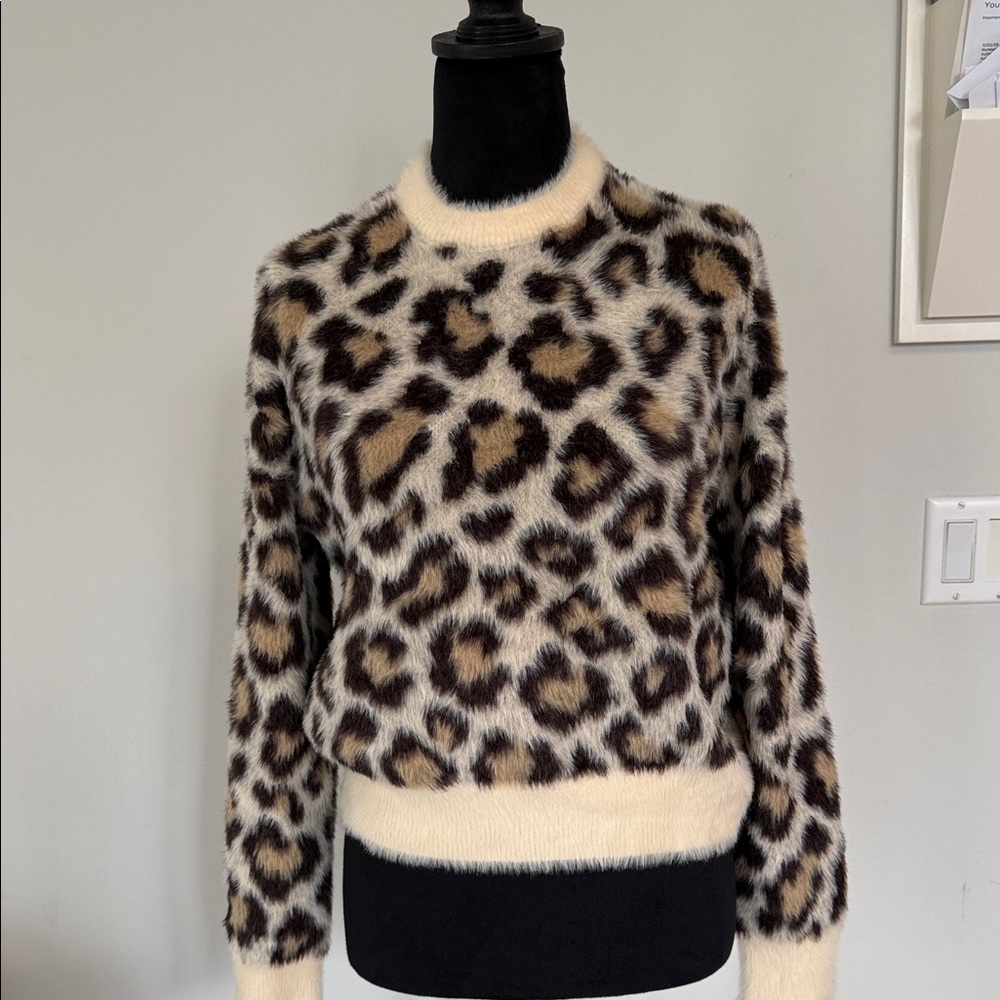Zara Leopard Print Crew Neck Sweater - Black and Cream